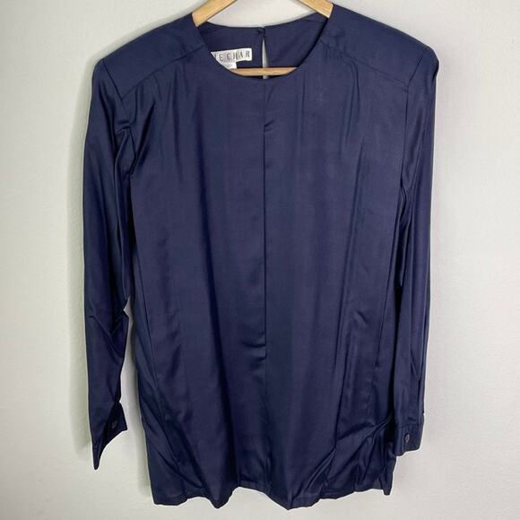 Vintage Joanie Char Navy Blue 100% Silk pleated blouse - Picture 3 of 11